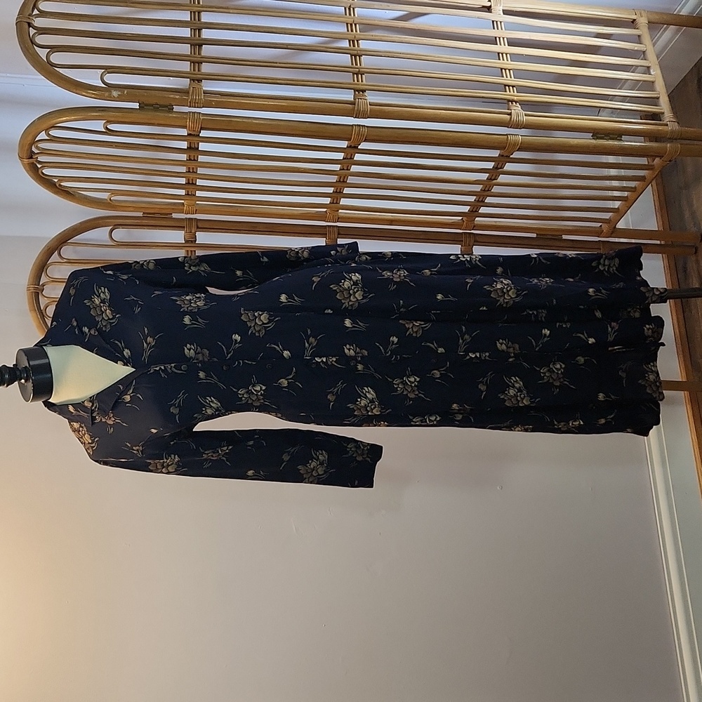 Eddie Bauer navy blue tan floral print dress button up petite medium long sleeve